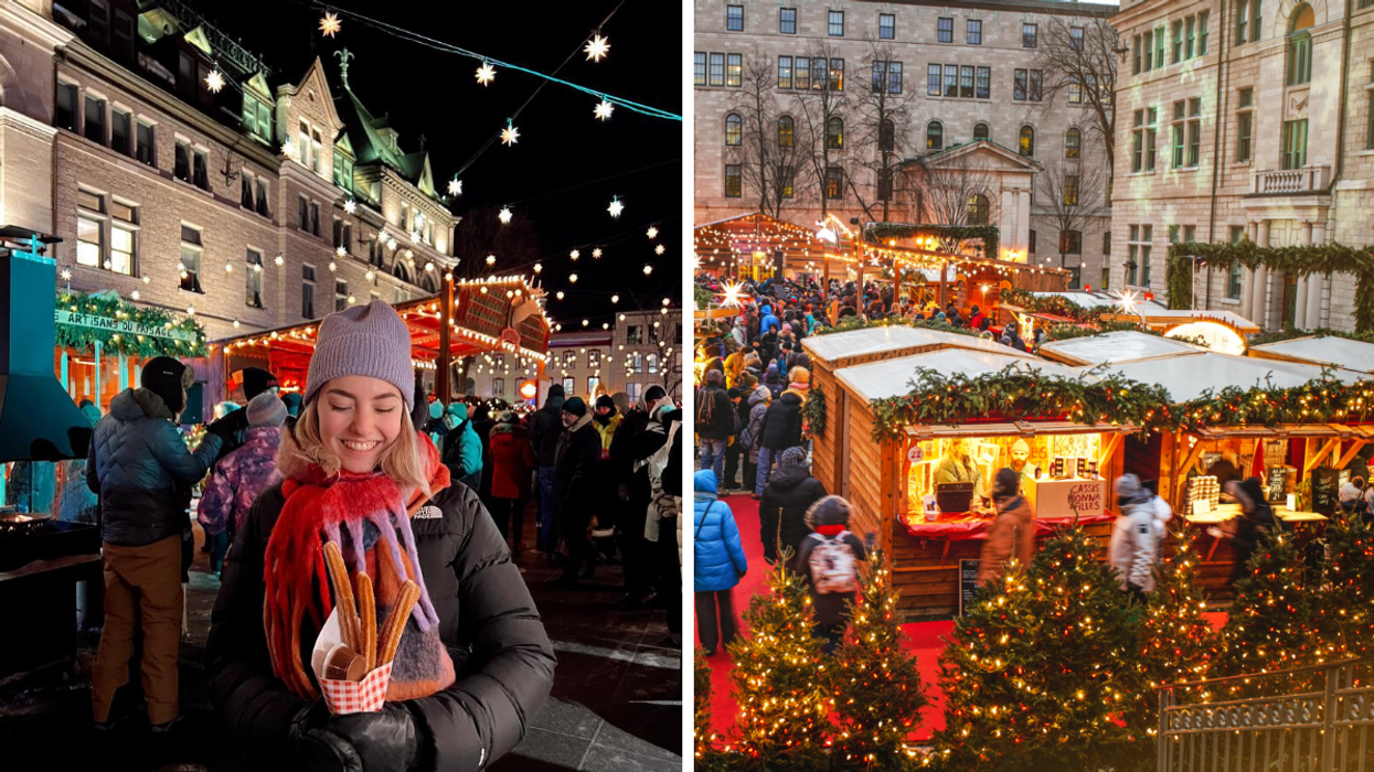 Une personne au Marché de Noël allemand de Québec. Droite : Le Marché de Noël allemand de Québec.
