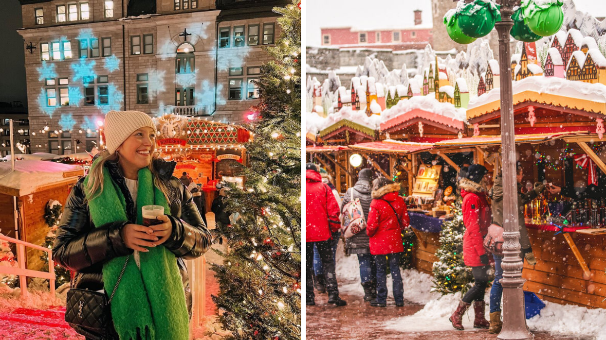 Une personne au Marché de Noël allemand de Québec. Droite : Le Marché de Noël allemand de Québec.