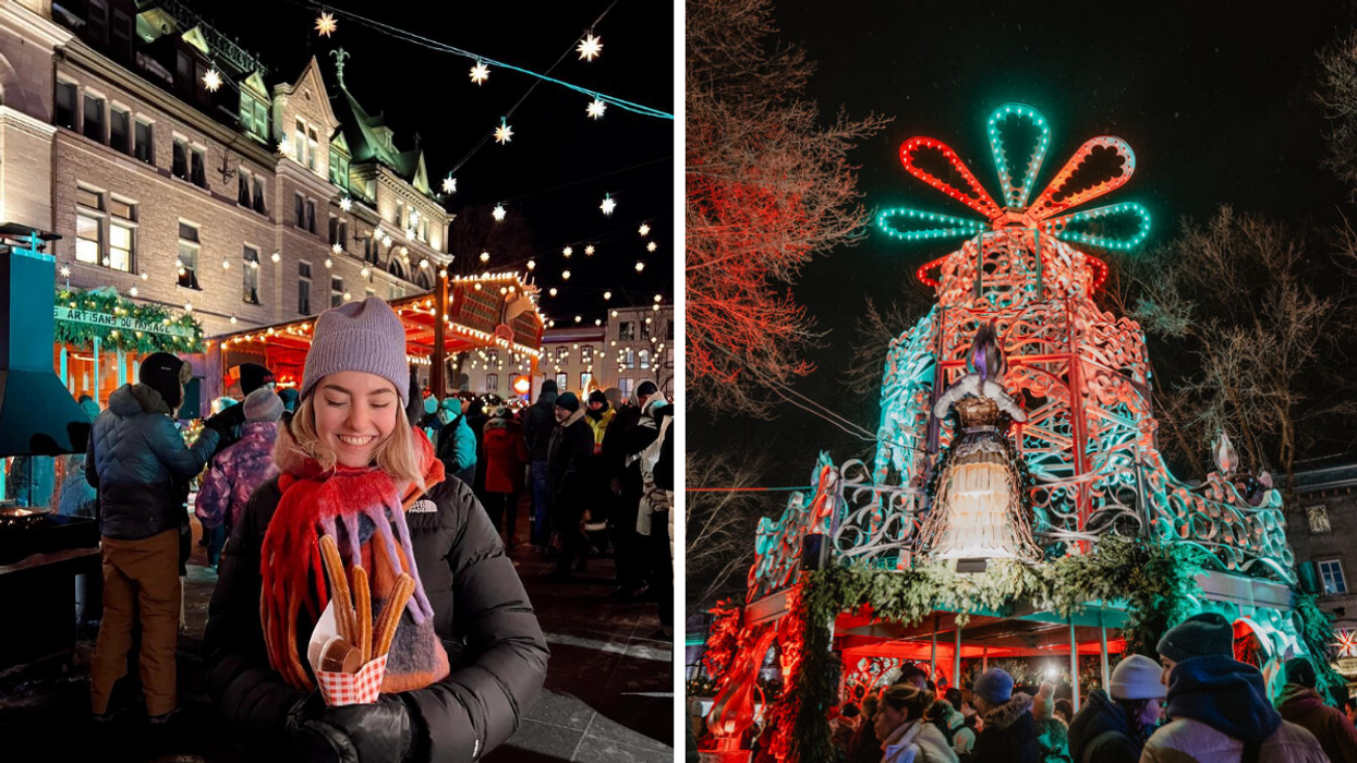 Une personne au Marché de Noël allemand de Québec. Droite : Le Marché de Noël allemand de Québec.