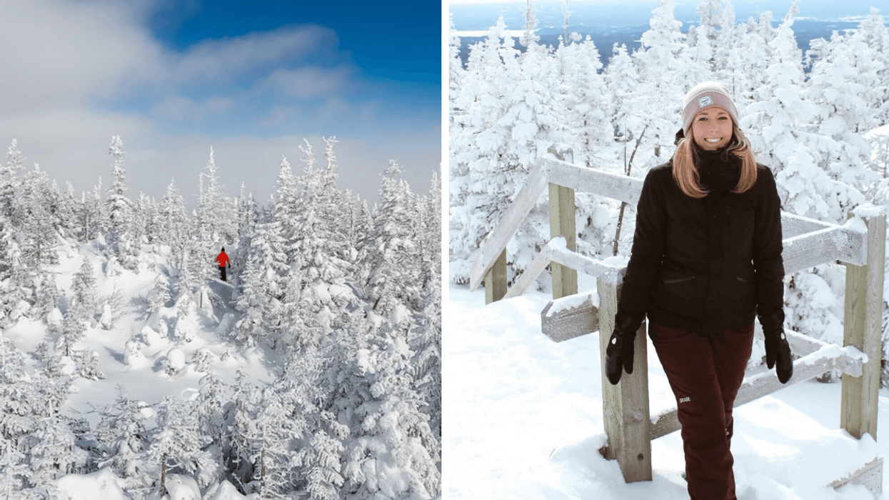 Une personne au parc national des Monts-Valin. Droite : Une personne devant un belvédère du parc national des Monts-Valin.
