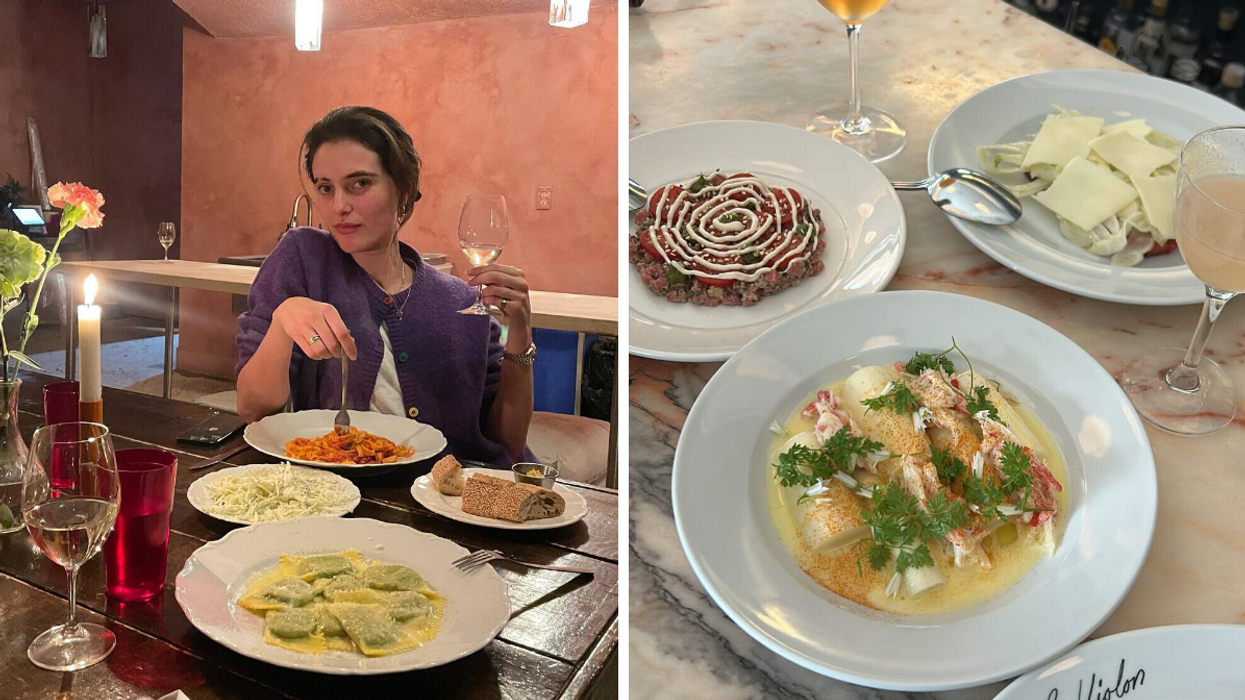 Une personne au Pasta Pooks. Droite : Des plats du resto Le Violon à Montréal.