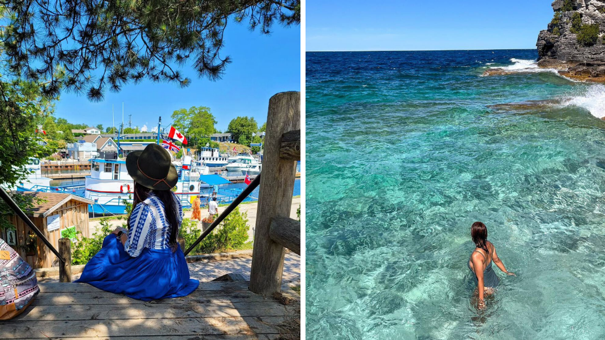 Une personne au port de Tobermory. Droite : Une personne qui se baigne dans une eau turquoise au Canada.