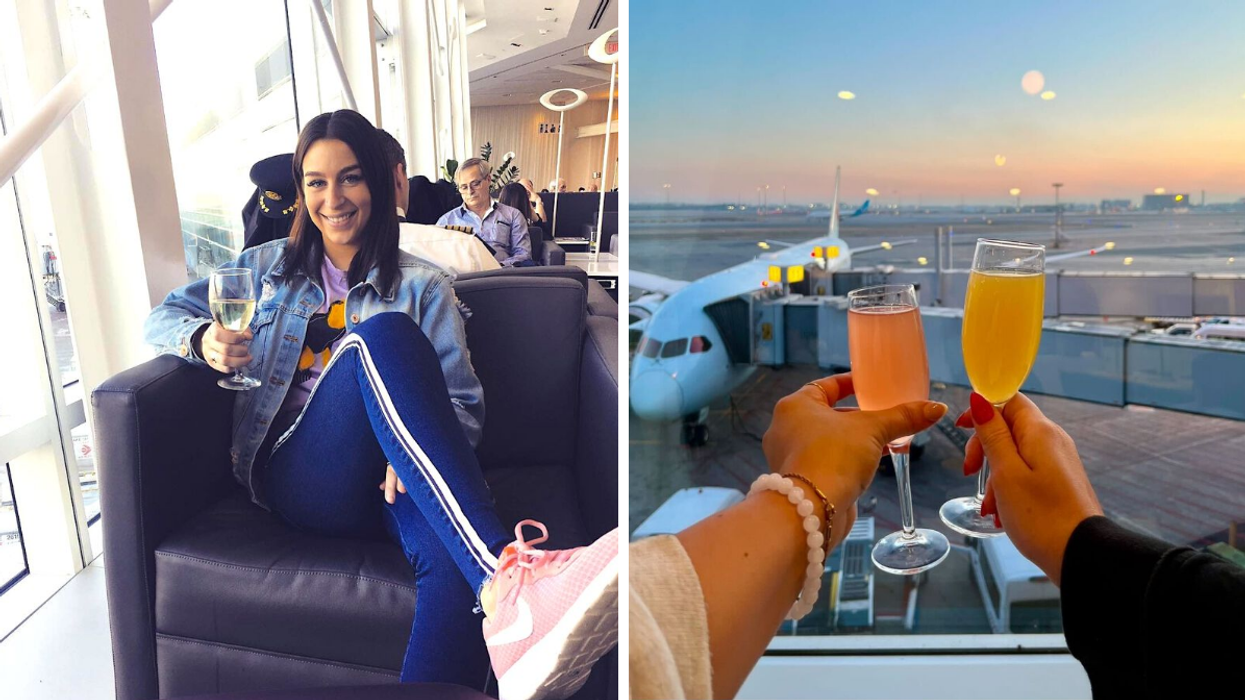 Une personne au Salon Banque Nationale de l'aéroport de Montréal. Droite : Deux mains trinquant devant un avion.