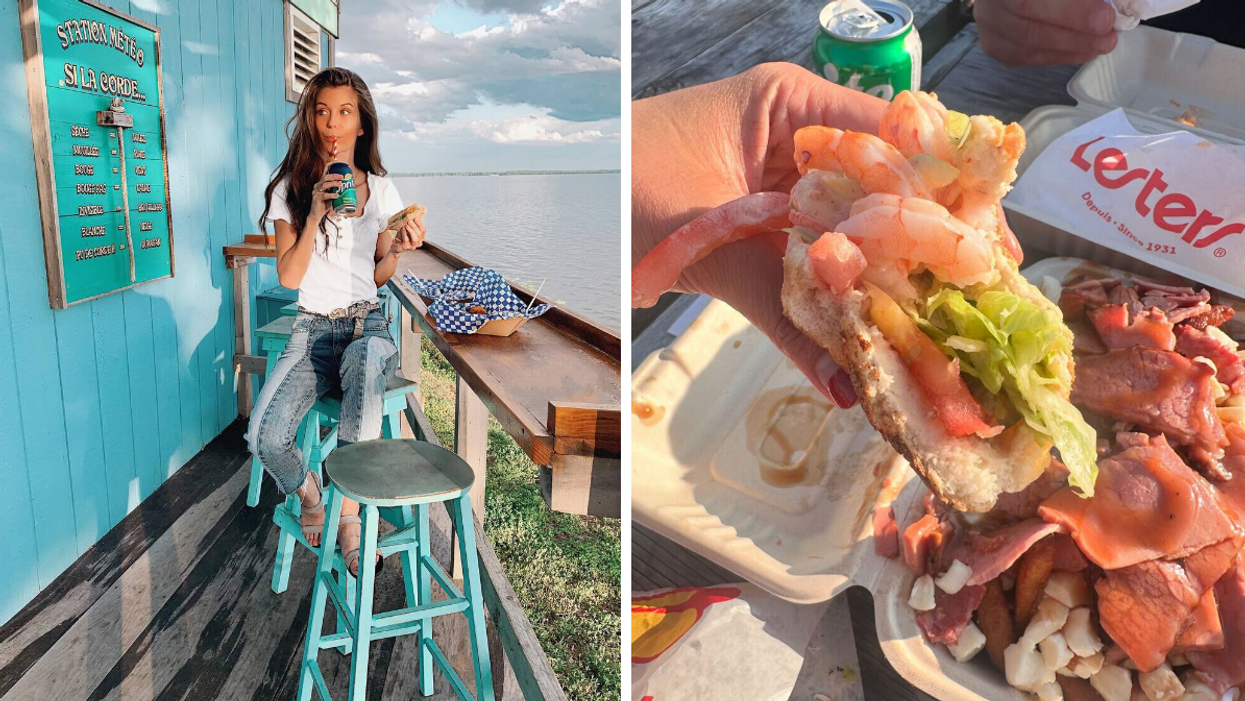 Une personne au Sea Shack au bord du lac. Droite : Des mets de L'Iris du Fleuve.