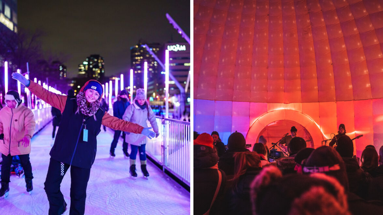 Une personne au sentier glacé de Montréal en Lumière. Droite : Un spectacle dans le igloo de Montréal Boréal – Le Jam Du Nord.