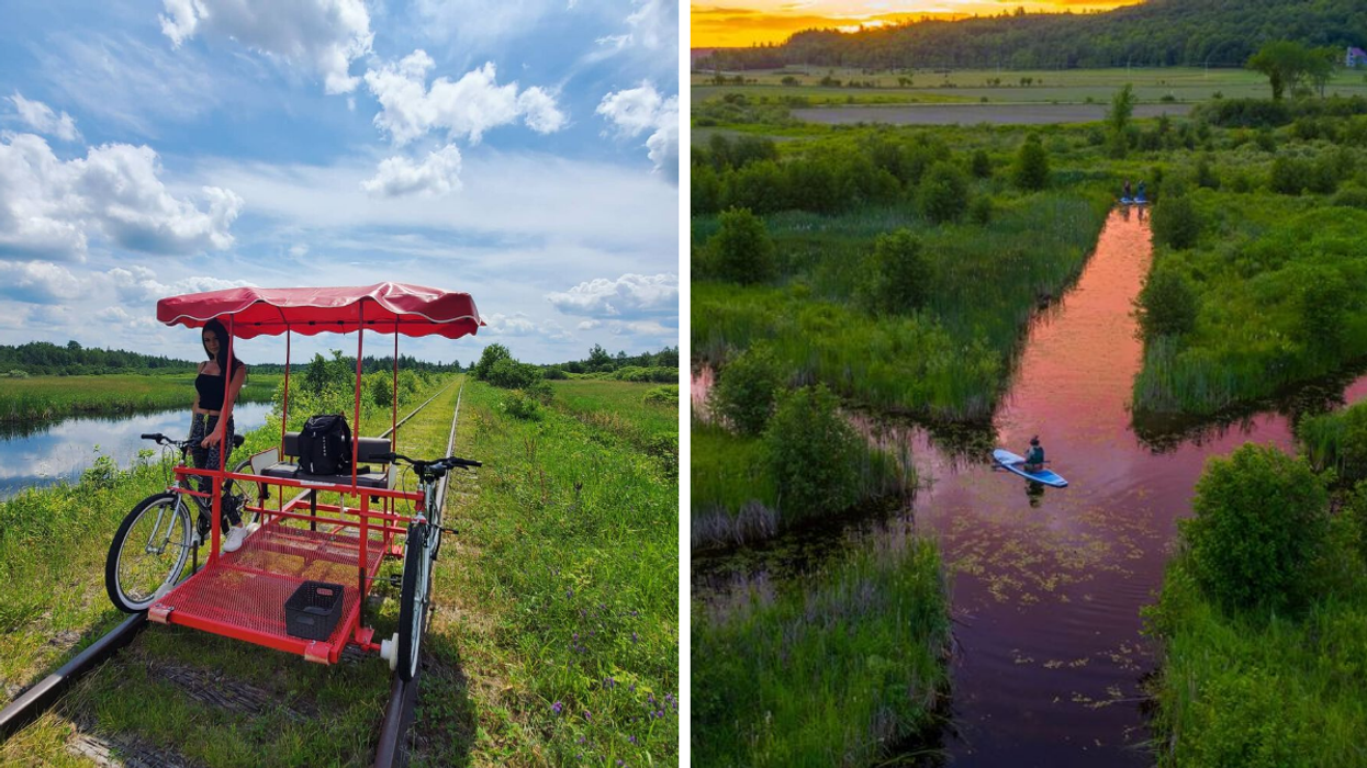 Une personne au VeloRail. Droite : Le Parc Nature Éco-Odyssée.