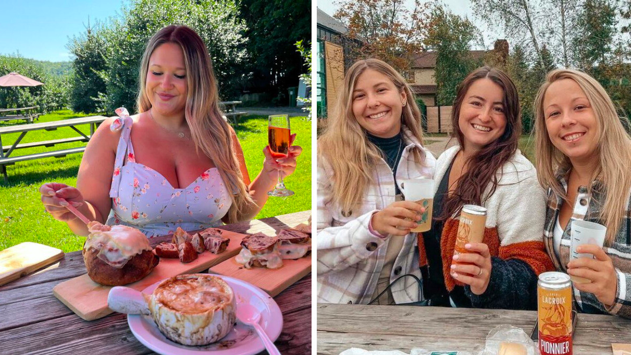Une personne au verger Labonté de la pomme. Droite : Trois personnes à la Cidrerie Lacroix.