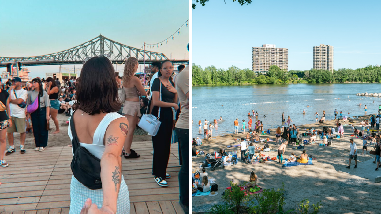 Une personne au Village au Pied-du-Courant à Montréal. Droite : La plage de Verdun.