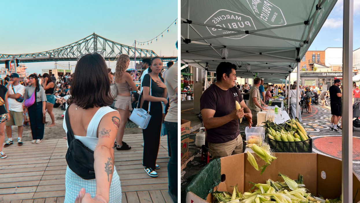 Une personne au Village au Pied-du-Courant. Droite : Une personne à la La Fête des Récoltes.
