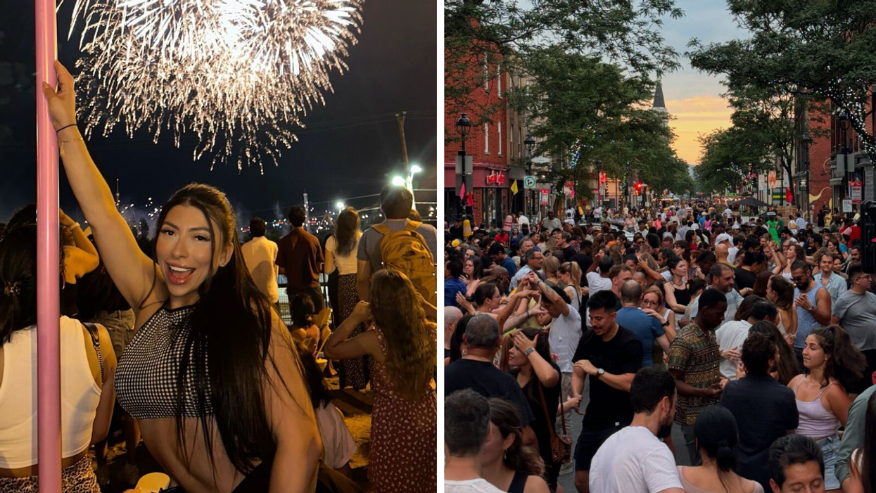 Une personne au Village au Pied-du-Courant durant les feux d'artifice. Droite : Une foule qui danse à Verdun.