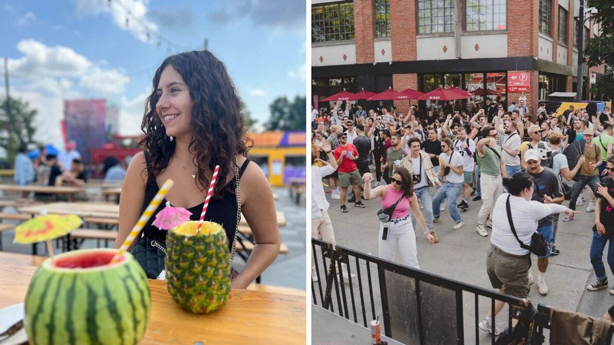 Une personne avec des cocktails servis dans des fruits. Droite : Des gens qui dansent dans les rues de Montréal.