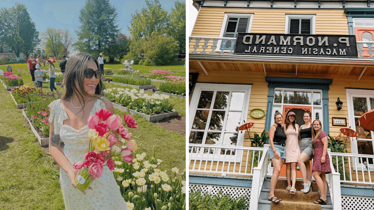 Une personne avec des fleurs. Droite : Un groupe devant un bâtiment jaune.