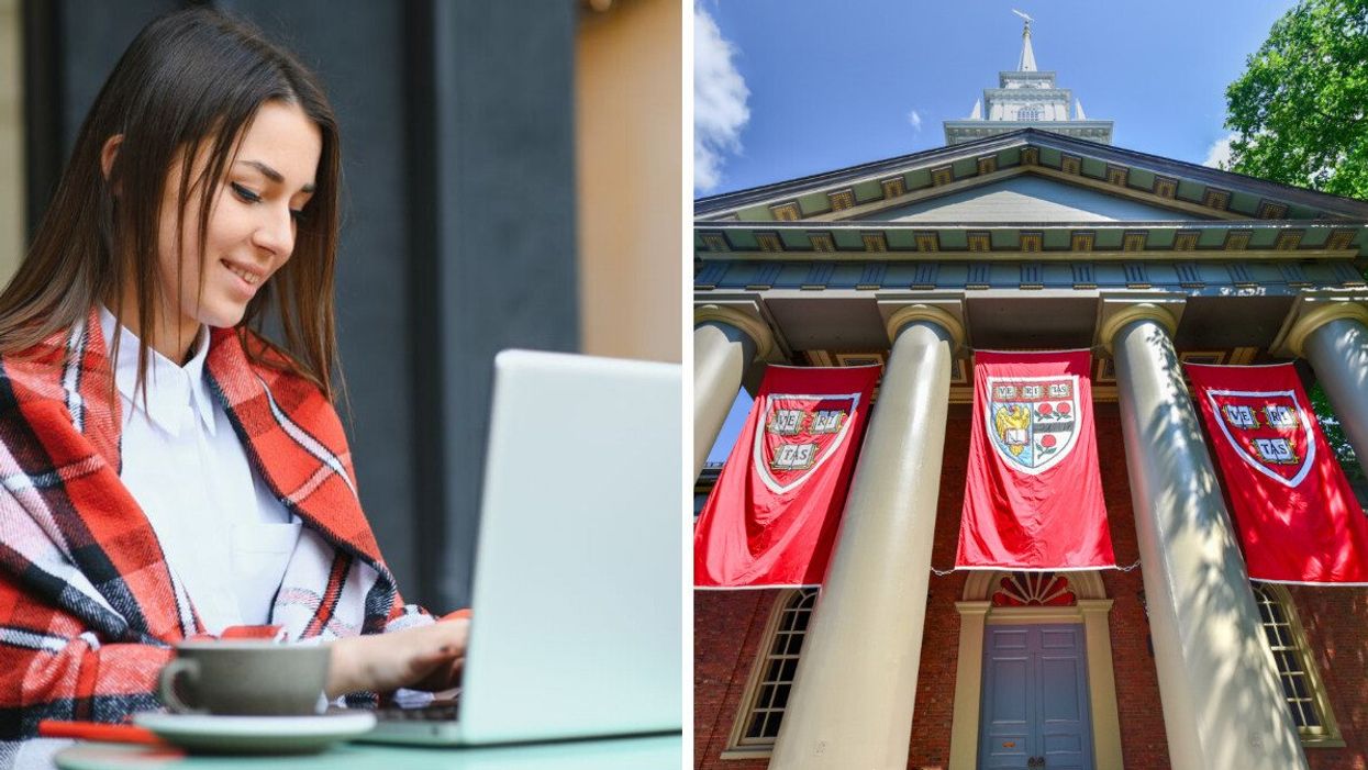 Une personne avec un châle carrauté rouge écrit sur un ordinateur portable en souriant. Droite : des drapeaux rouges devant un bâtiment de l'Université de Harvard.