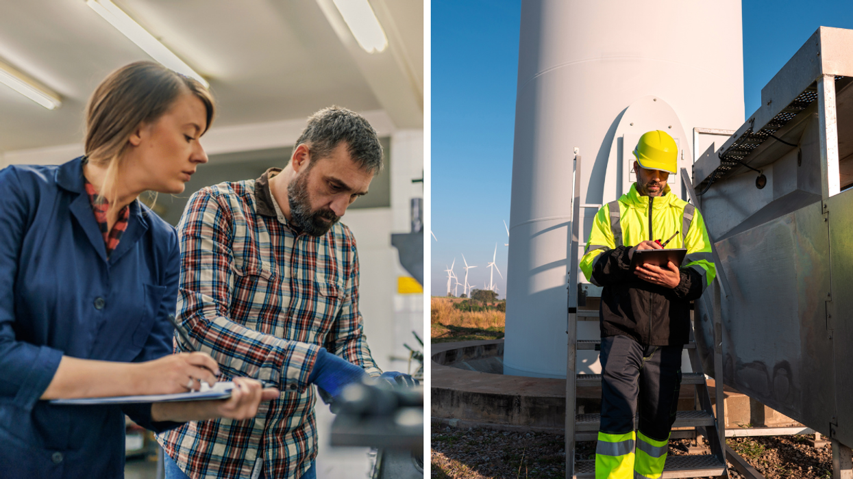 Une personne avec un clipboard supervise un employé dans un laboratoire. À droite : un travailleur du secteur de l’énergie à l’extérieur, portant des vêtements haute visibilité près d’une éolienne.