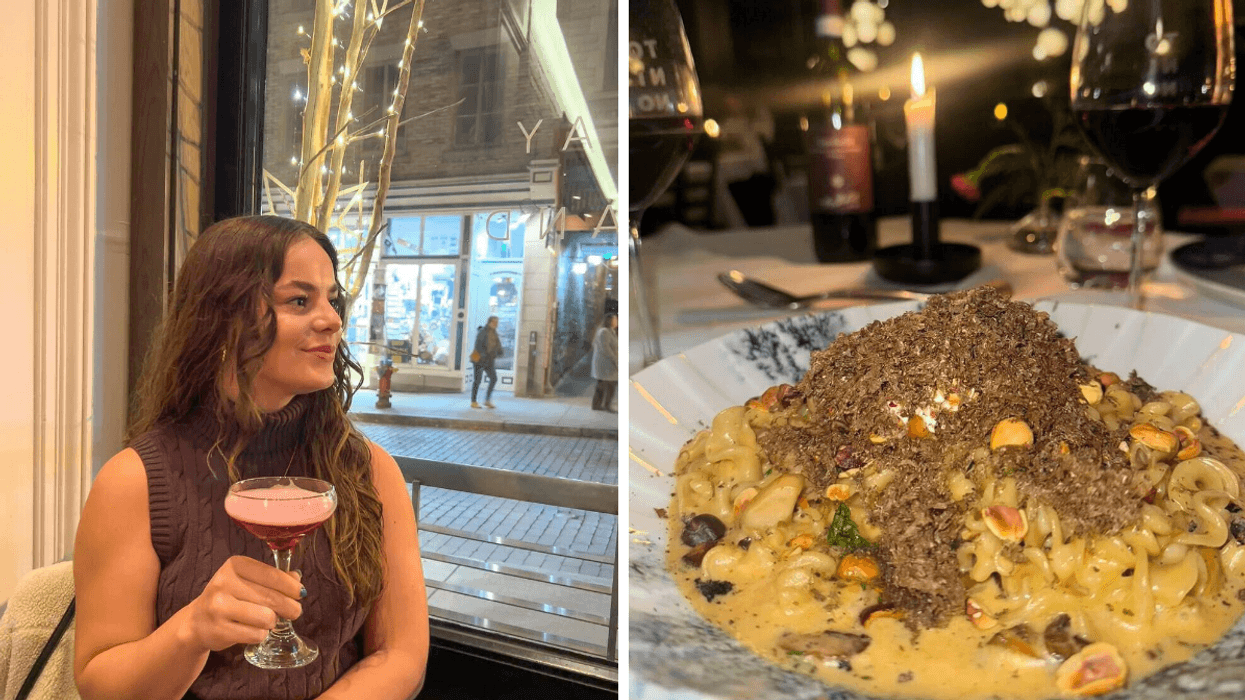 Une personne avec un cocktail à la main. Droite : Une plat de pâtes.