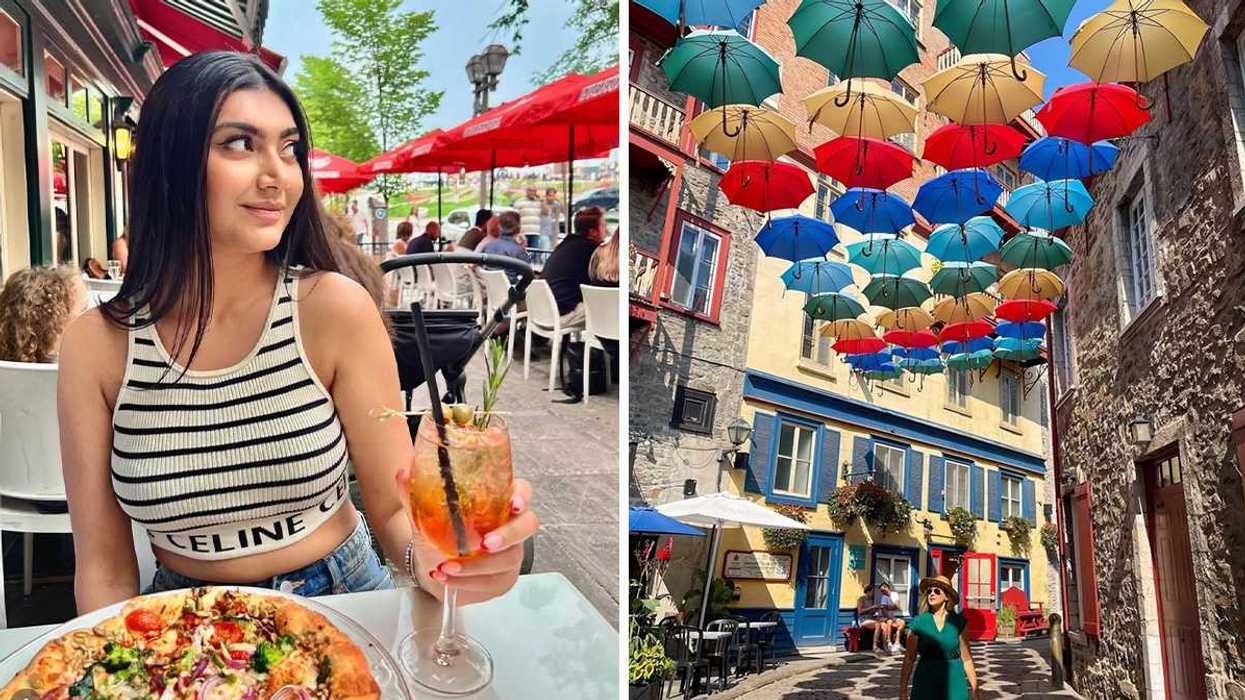 Une personne avec un cocktail à la main. Droite : Une ruelle colorée dans le Vieux-Québec.