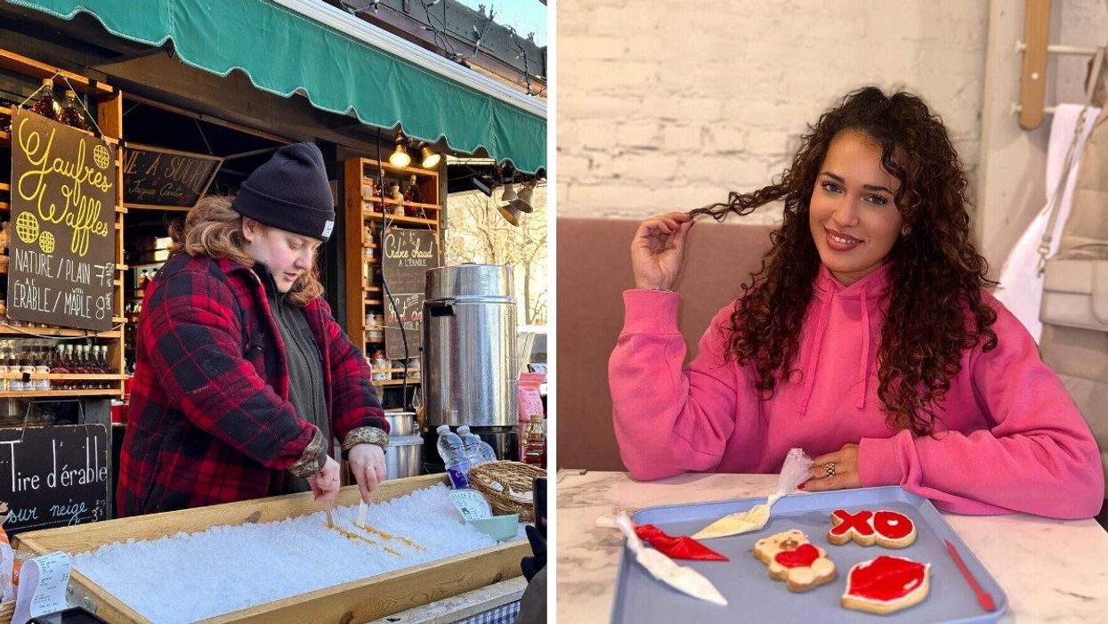 Une personne avec un manteau carreauté dans un présentoir de tire d'érable. Droite : Une personne posant devant des biscuits décorés.