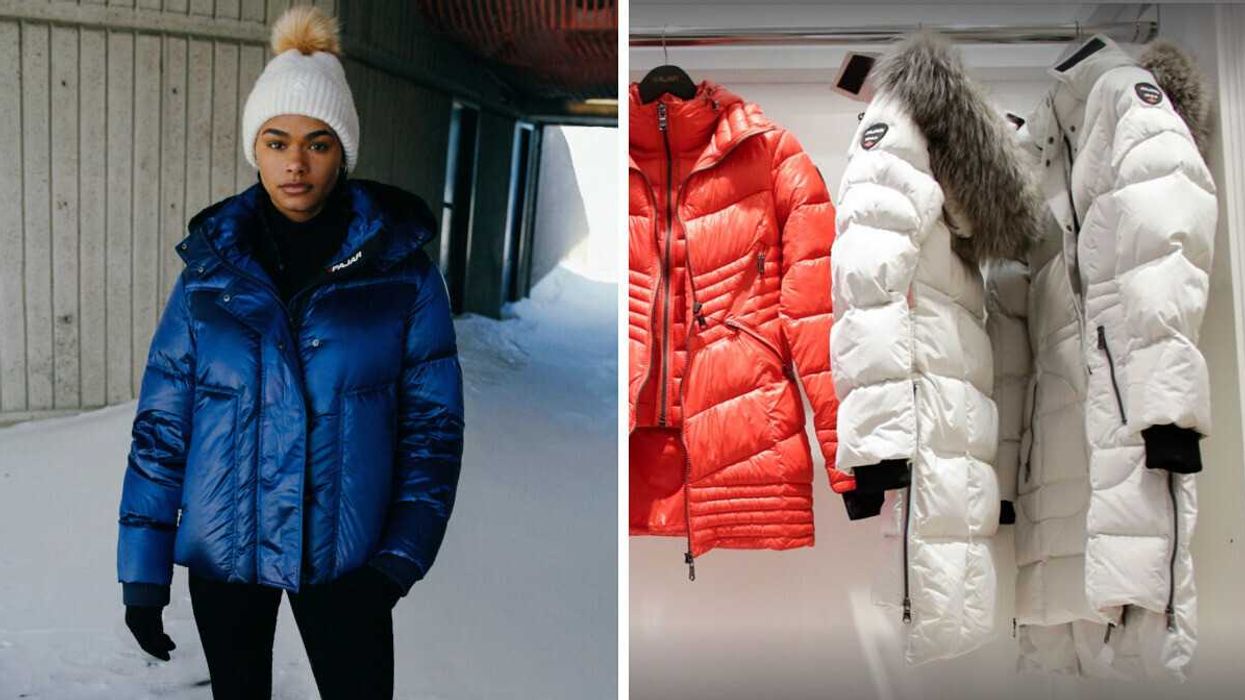 Une personne avec un manteau Pajar. Droite : Des manteaux Pajar.