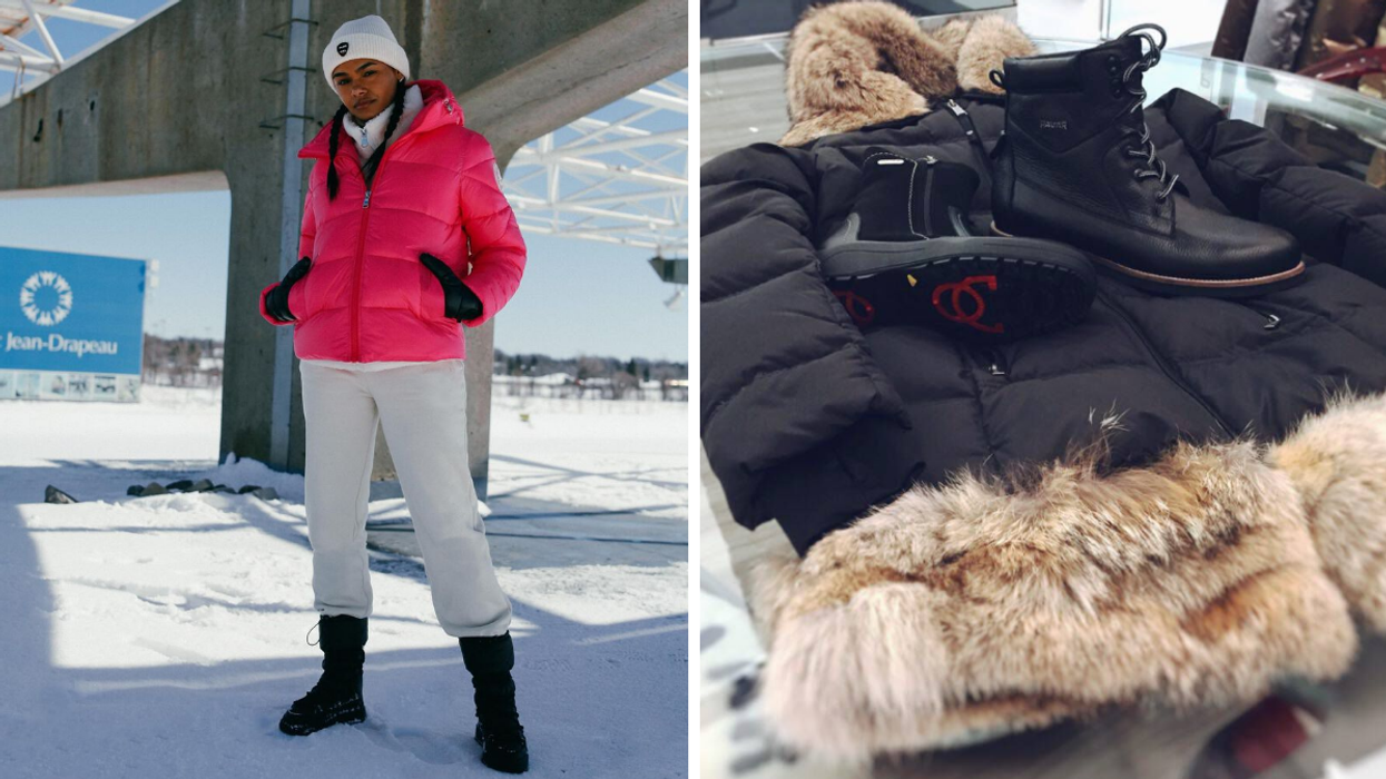 Une personne avec un manteau Pajar. Droite : Des manteaux Pajar.