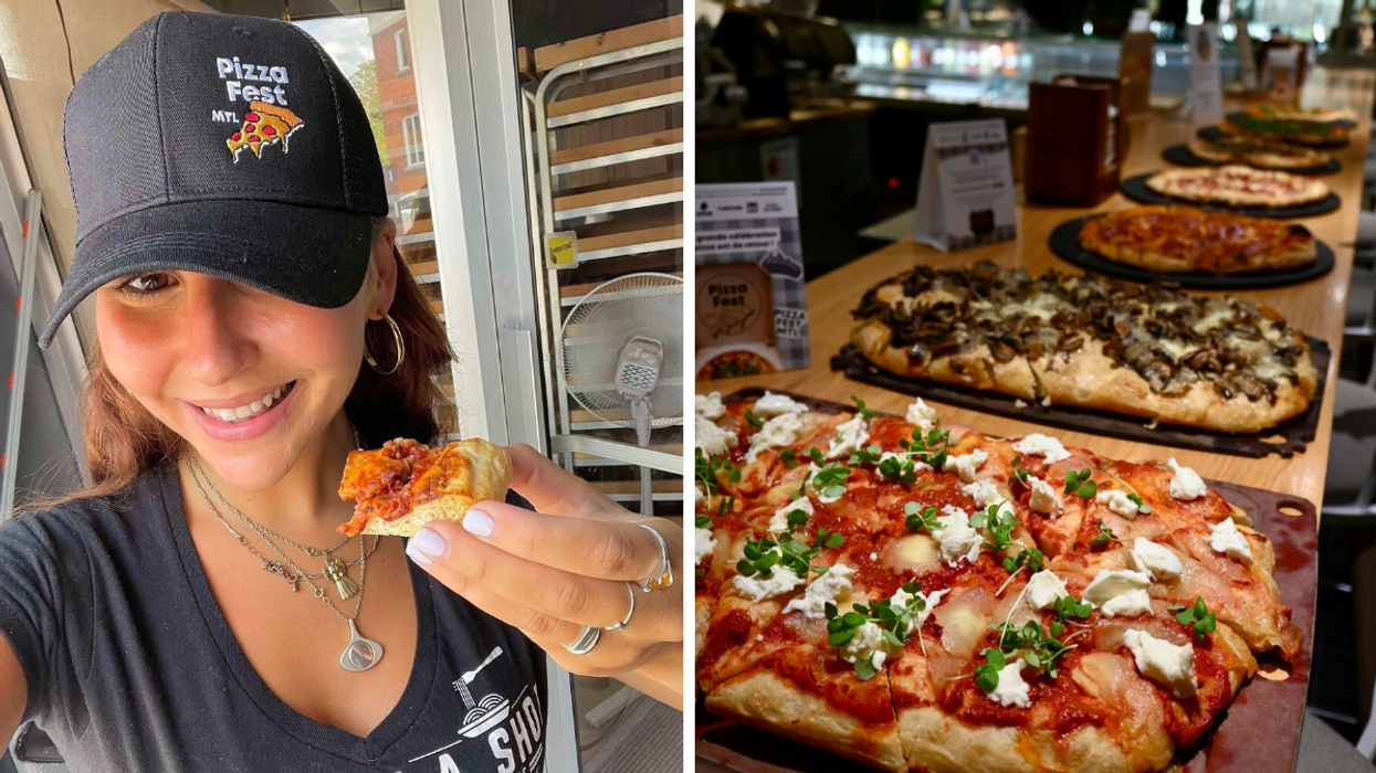 Une personne avec un morceau de pizza à la main. Droite : Un alignement de pizzas.