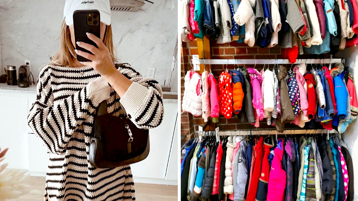 Une personne avec un sac à main. Droite : Des manteau d'hiver pour enfant.