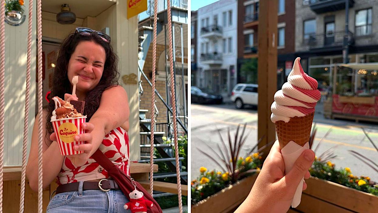 Une personne avec une glace dans les mains. Droite : Un cornet de crème glacée.