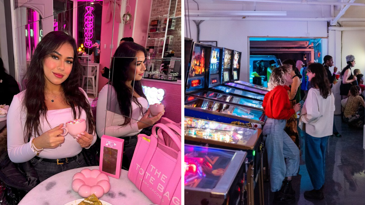 Une personne avec une tasse au Sour Bites de Montréal. Droite : Des gens chez Arcade Mile-X Arcade.