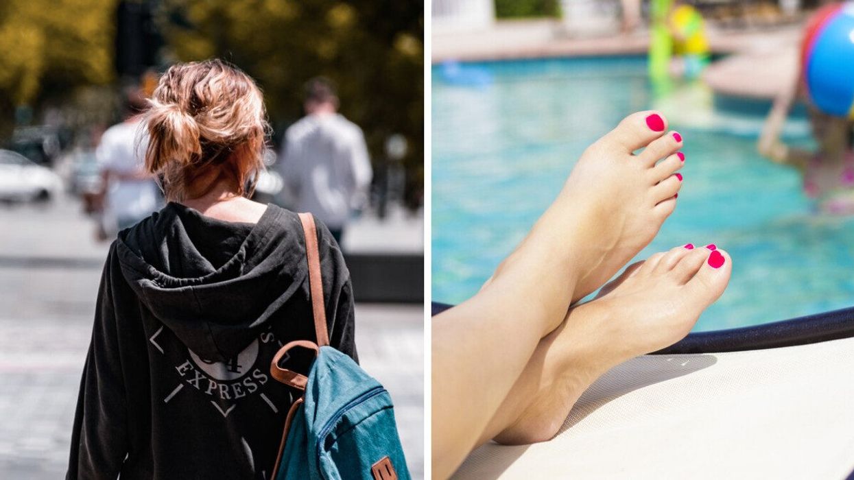 Une personne avec une veste et un sac à dos marche de dos dans la rue. Droite: des pieds sur le bord d'une piscine.