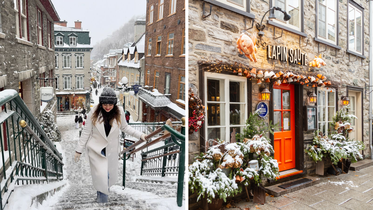 Une personne dans des escaliers à Québec. Droite : Un restaurant de Québec.