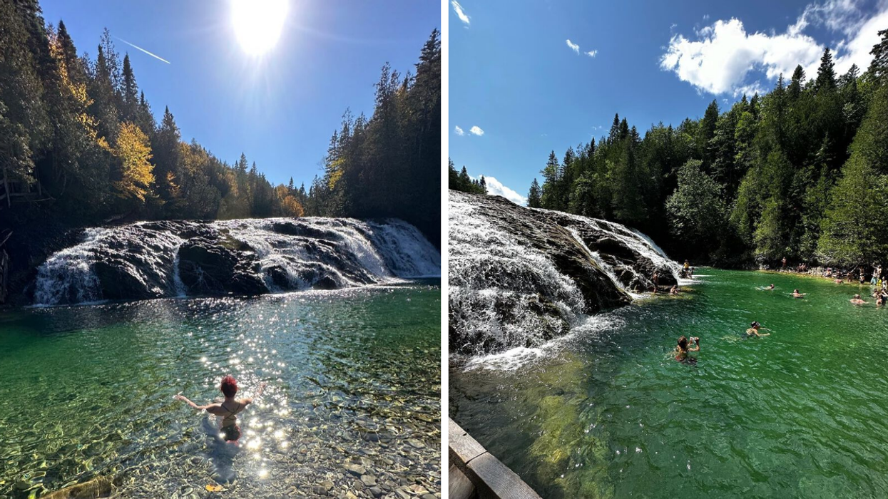 Une personne dans l'eau au pied d'une chute. Droite : Des gens qui se baignent au parc municipal de la Rivière Émeraude.