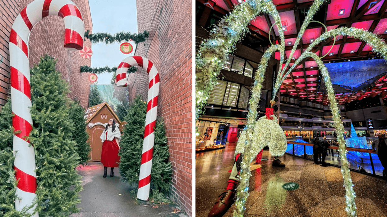 Une personne dans la ruelle du Pôle Well. Droite : Les décorations de Noël du Complexe Desjardins.