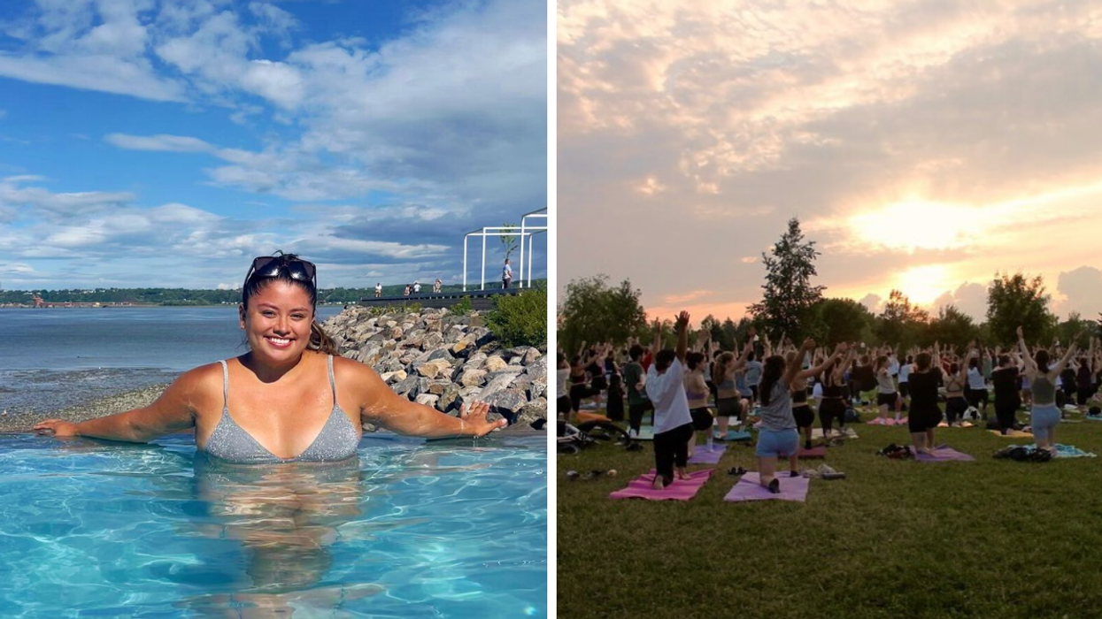 Une personne dans le bassin de la Station de la Plage à Québec. Droite : Des gens faisant du yoga à Québec.