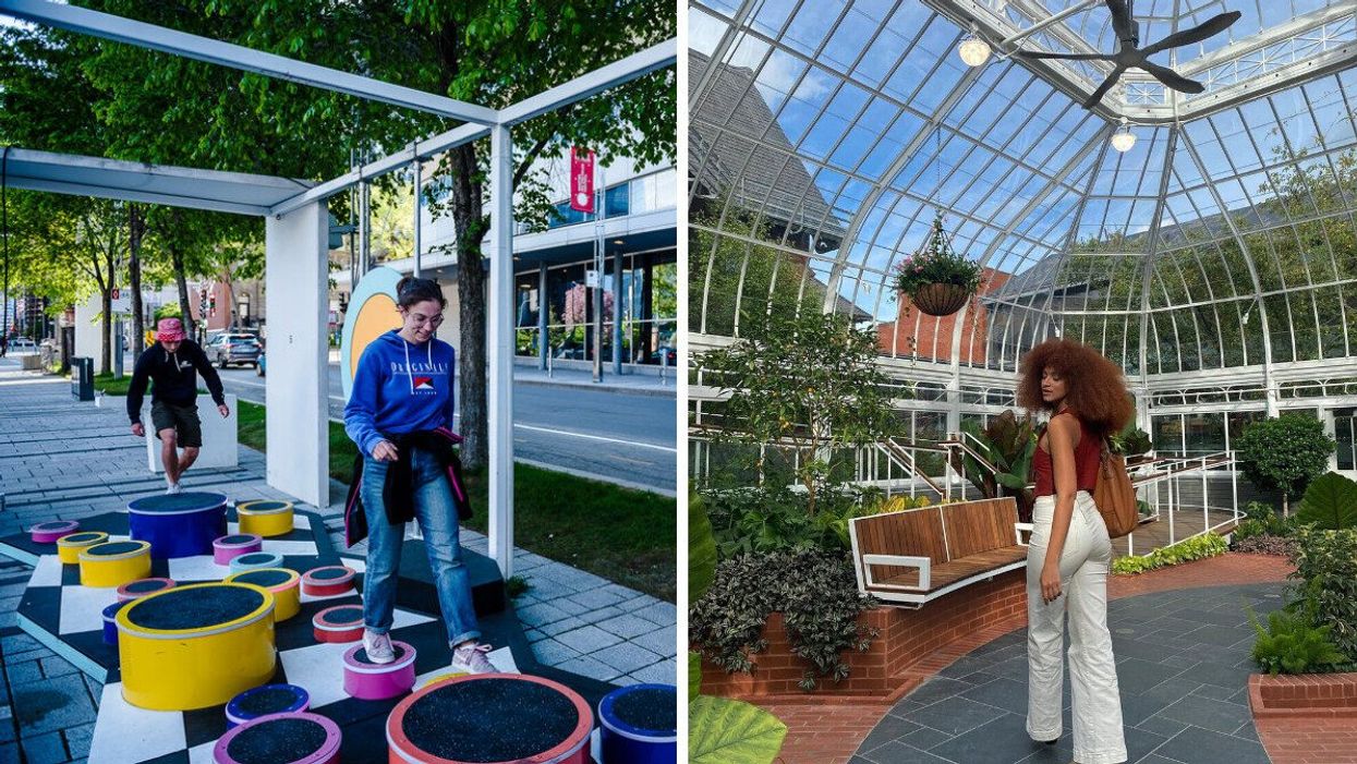 Une personne dans les installations musicales de Ville Orchestre. Droite : Un personne au Conservatoire de Westmount.