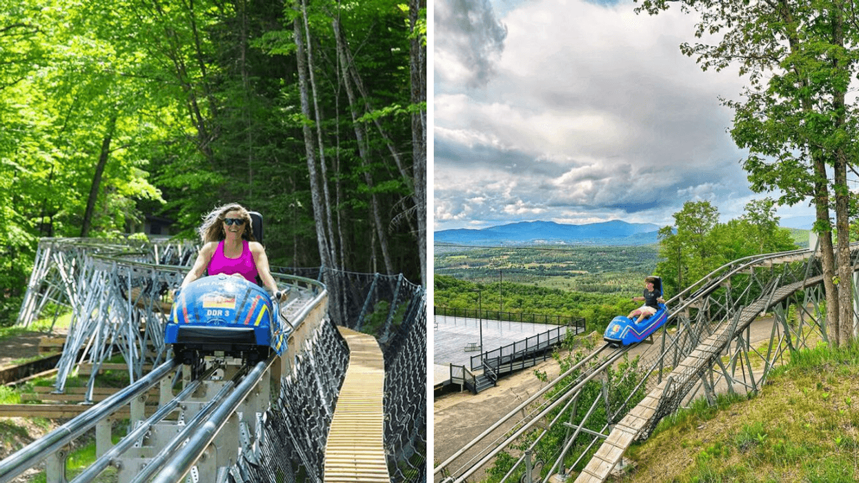 Une personne dans les montagnes russes Cliffside Mountain Coaster. Droite : Le paysage des montagnes russes Cliffside Mountain Coaster.