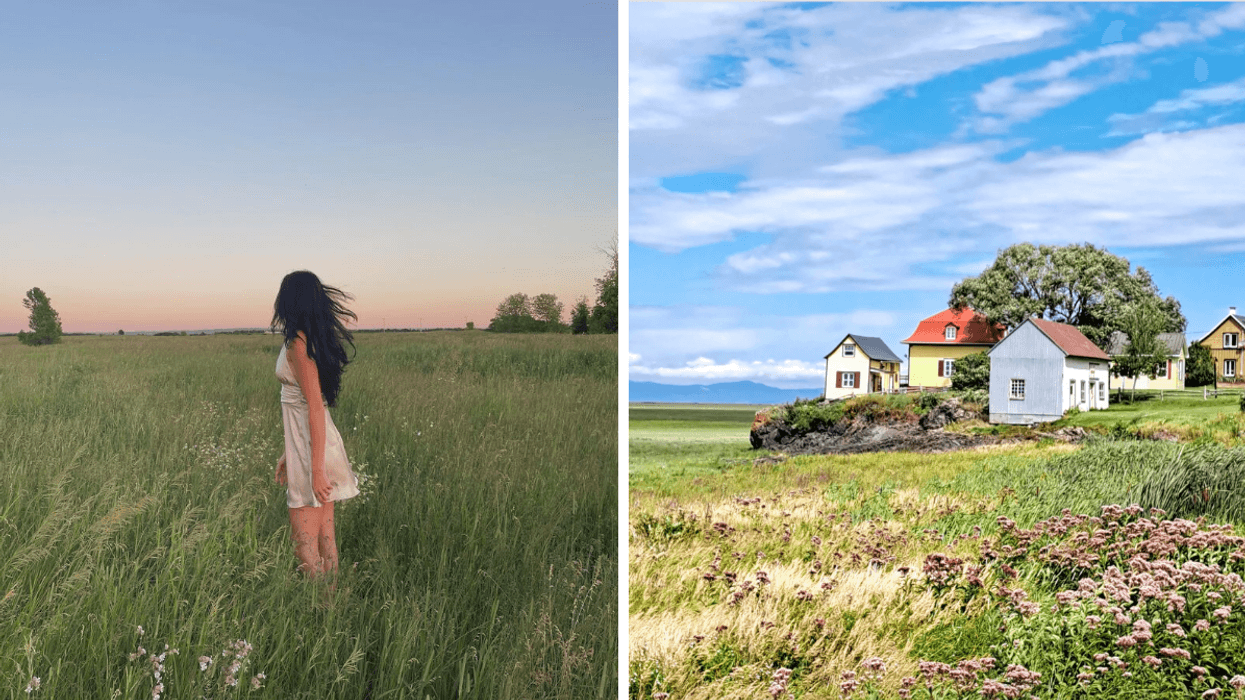 Une personne dans un champs. Droite : Les petites maisons de L’Isle-aux-Grues.