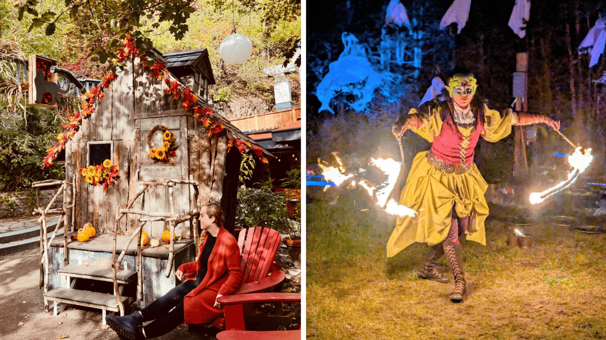 Une personne dans un décor d'automne. Droite : Un personnage déguisé pour l'Halloween.