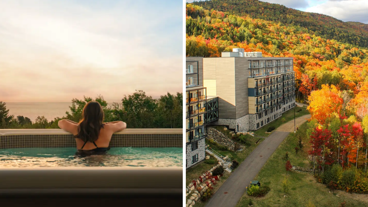Une personne dans un spa. Droite : Le Club Med Charlevoix.