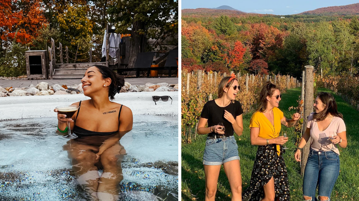 Une personne dans un spa. Droite : Un groupe à un vignoble de la Route des vins au Québec.
