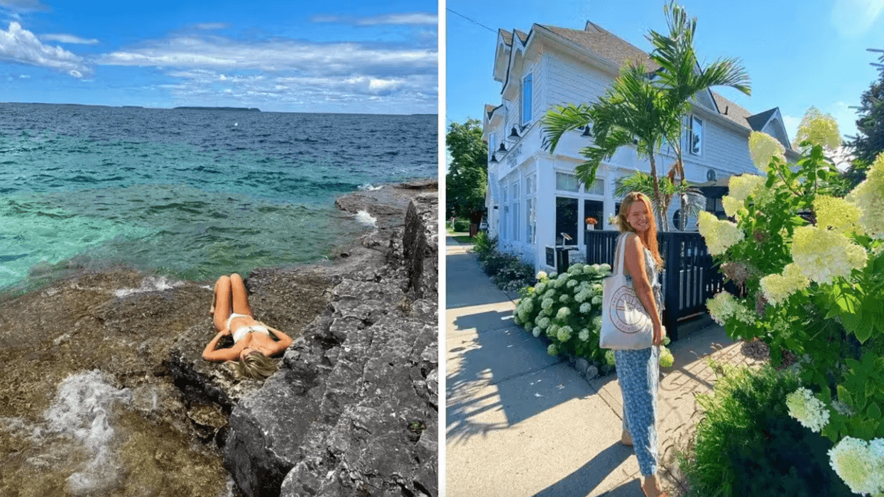 Une personne dans une eau cristalline. Droite : Une personne devant une jolie maison.