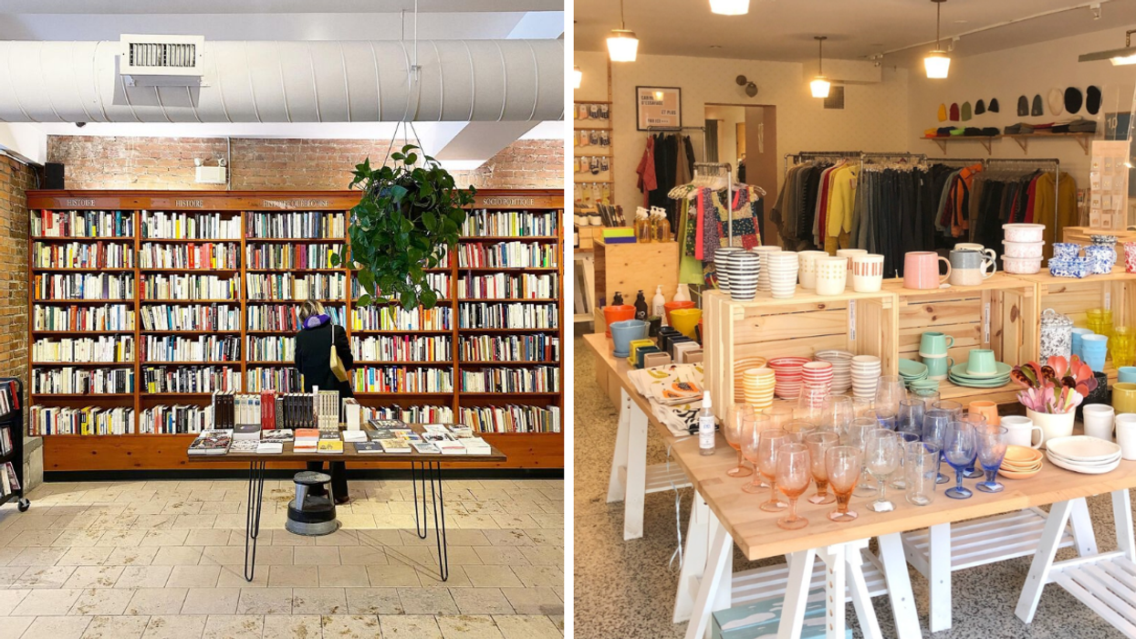 Une personne dans une librairie. Droite : Une boutique.
