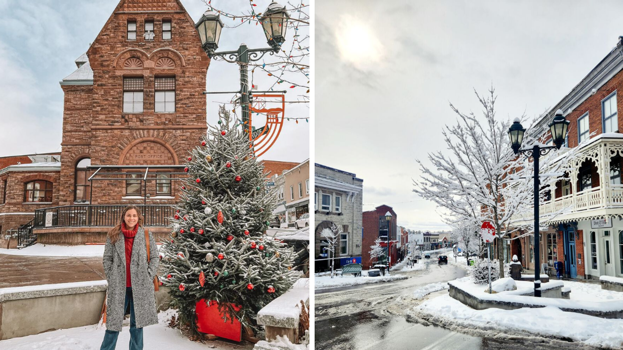 Une personne dans une petite ville en hiver. Droite : Almonte en hiver.