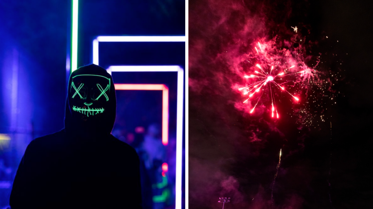 Une personne déguisée. Droite : Des feux d'artifice.