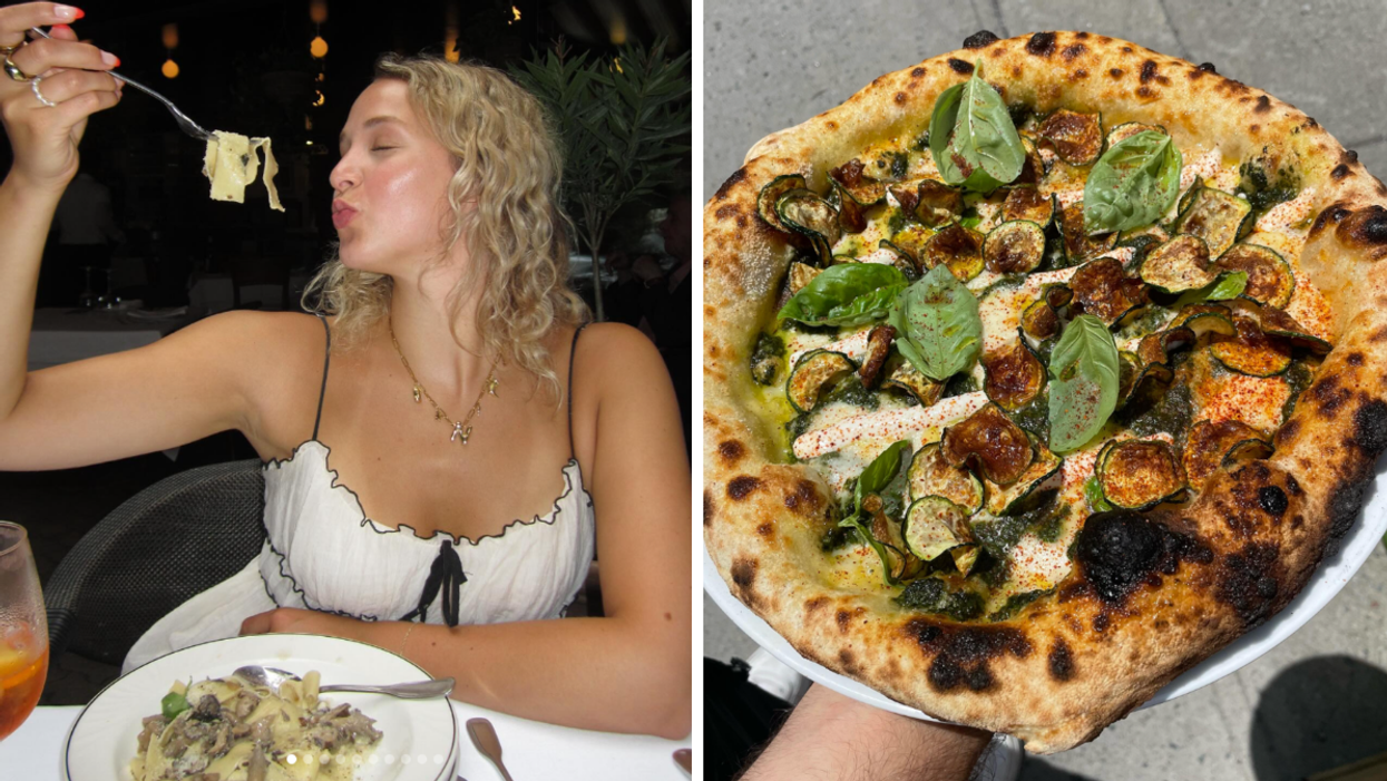 Une personne dégustant des pâtes à l'Il Cortile. Droite : Une pizza aux courgettes au Moccione.