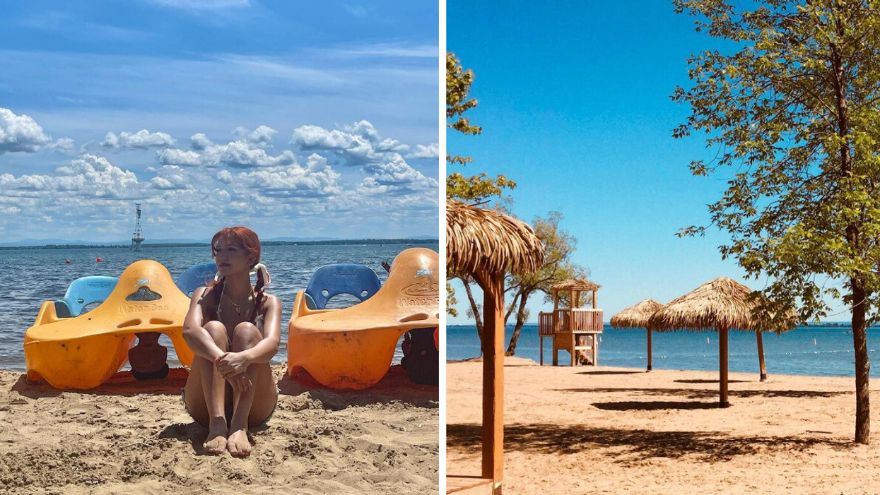 Une personne devant des pédalos à la plage. Droite : Les palapas de la plage Saint-Zotique.