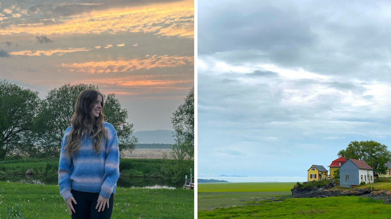 Une personne devant le fleuve à L'isle-aux-Grues. Droite : Les maisons colorés de L’Isle-aux-Grues au Québec.