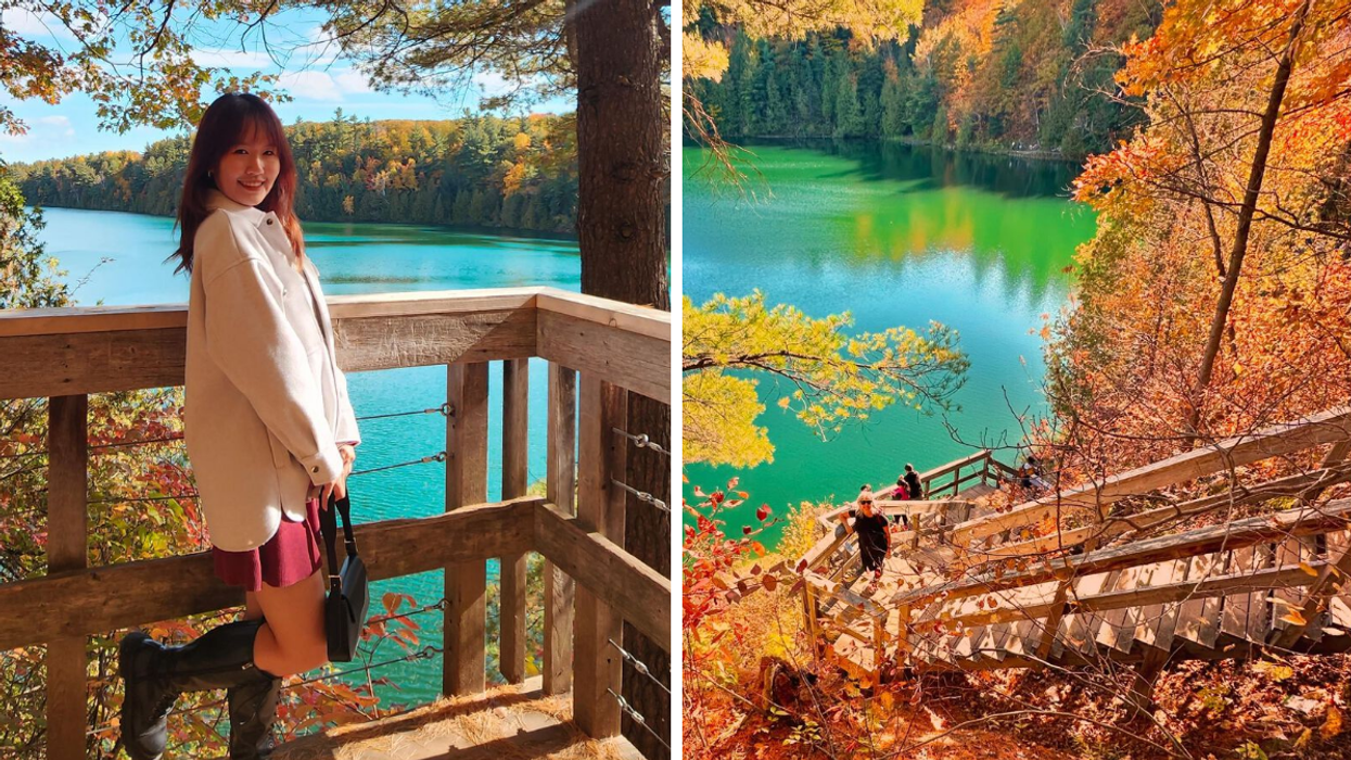 Une personne devant le lac Pink à Gatineau. Droite : Des escaliers sentier du lac Pink au parc de la Gatineau.
