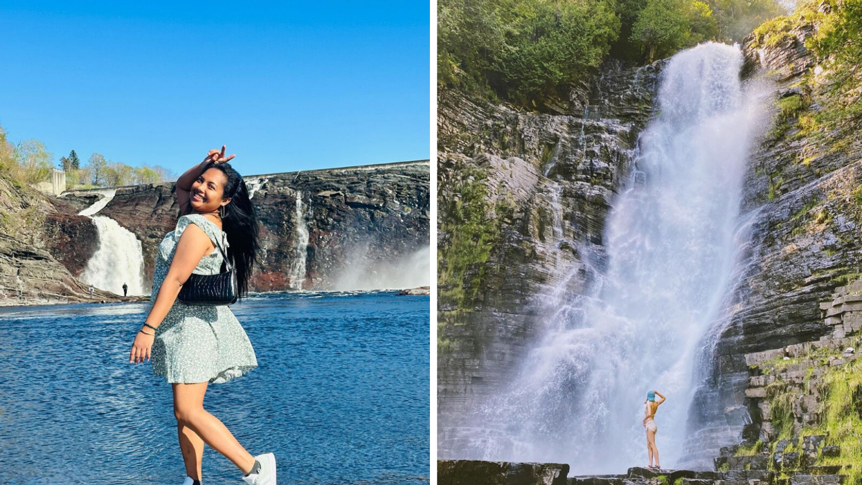 Une personne devant les Chutes-de-la-Chaudière. Droite : Une personne devant la chute Jean-Larose.