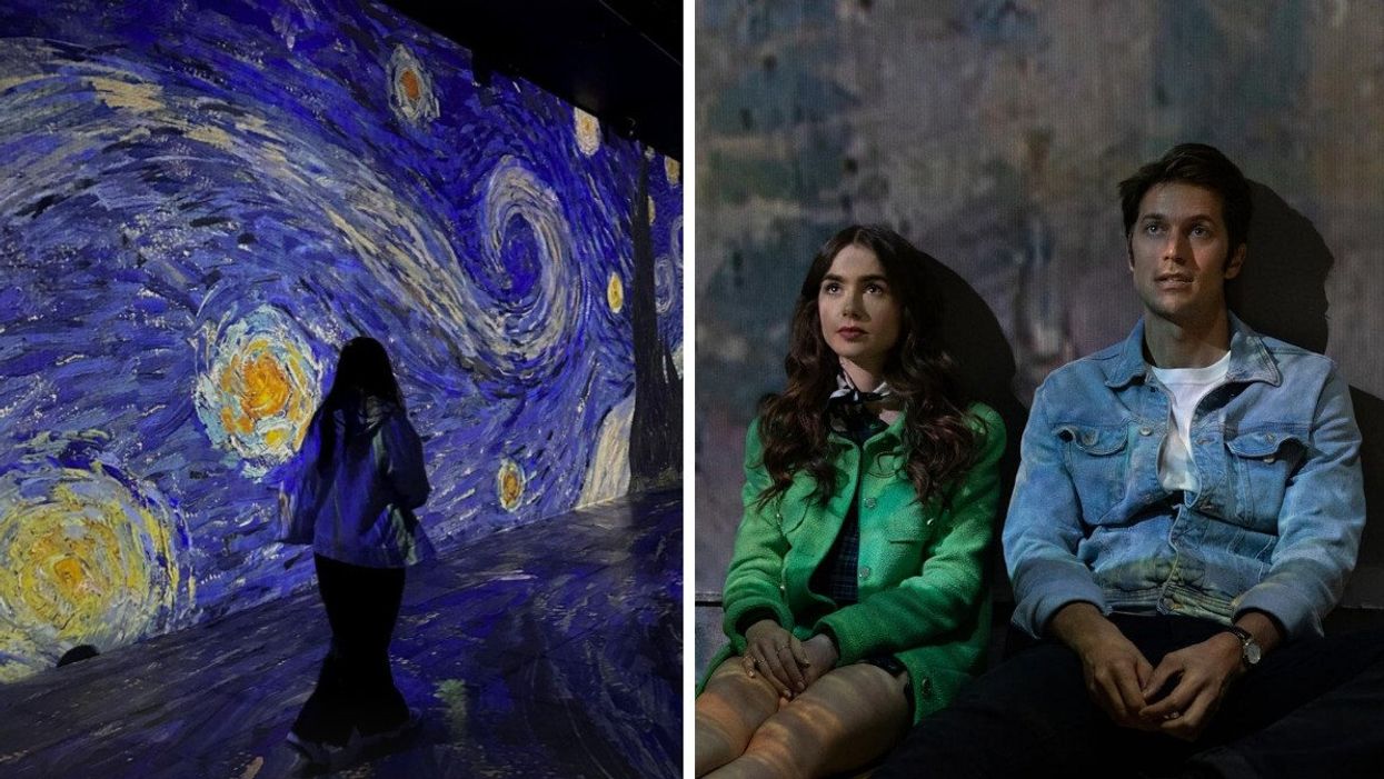 Une personne devant Nuit étoilée à l'exposition « Van Gogh - Distorsion » à Montréal. Droite : Les protagoniste d'Emily in Paris lors de la même exposition.