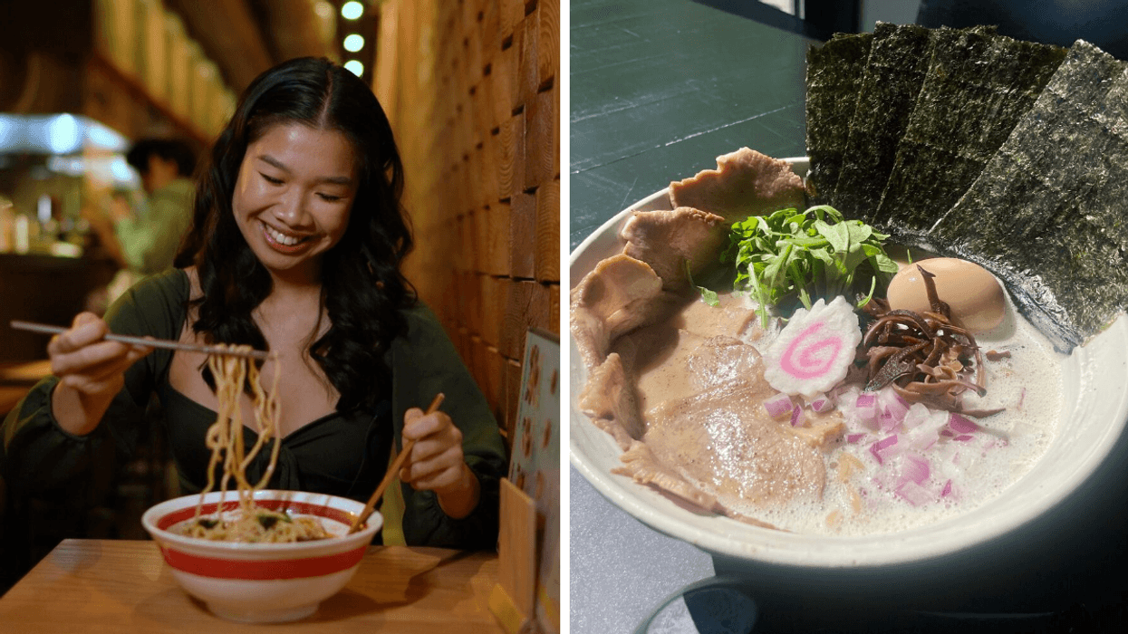 Une personne devant un bol de ramen. Droite : Un bol de ramen.