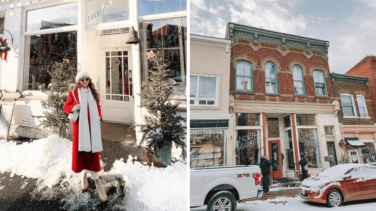 Une personne devant un commerce d'Almonte en hiver. Droite : Une rue d'Almonte en Ontario.